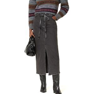 NEW Hugo Boss Womens Denim Maxi Skirt Large Gray Gatje Tie Belt Front Slit $158